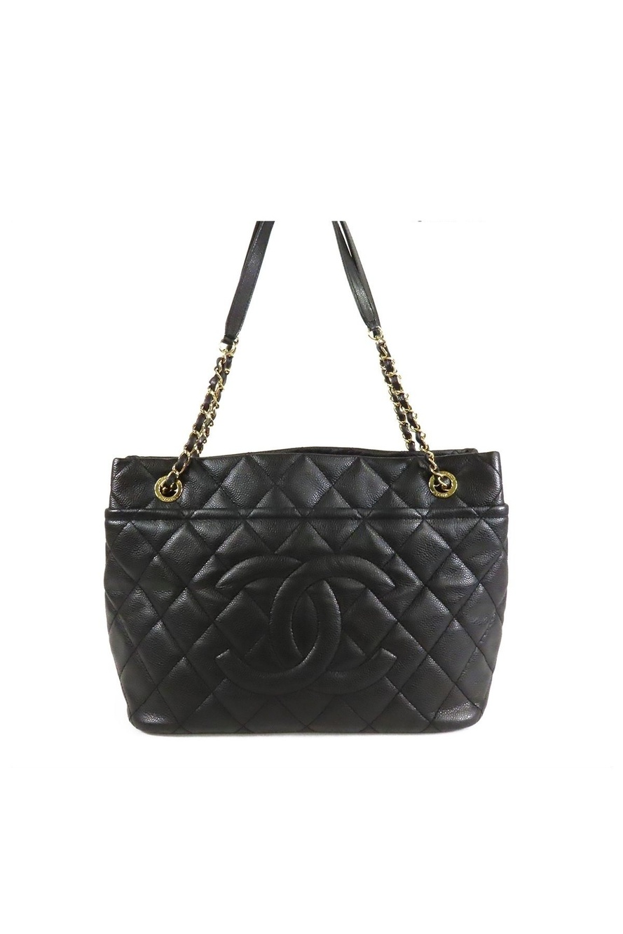Chanel Chain Tote Black Gold Caviar Leather Quilted Stitch Shoulder Bag